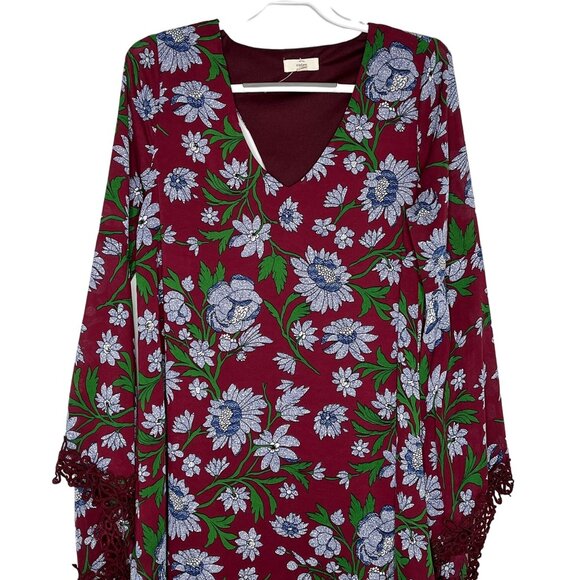 Entro Boho Bell Sleeve Floral Mini Dress Burgundy Blue Size Large - Picture 2 of 12